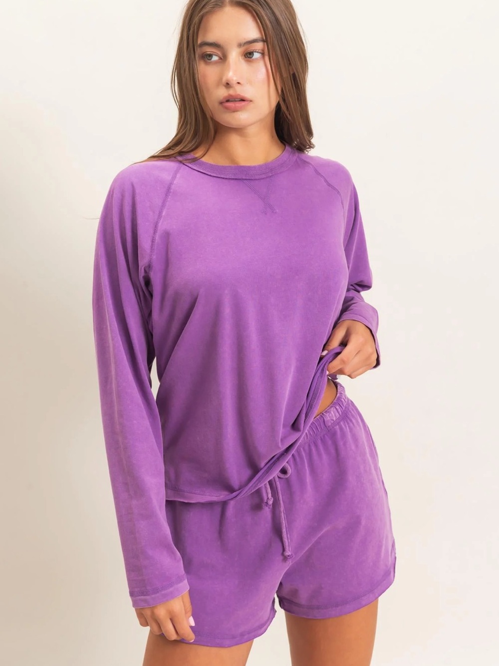 Double Zero Mineral Wash Raw Edge Long Sleeve Top & Shorts Set – Plum Purple
